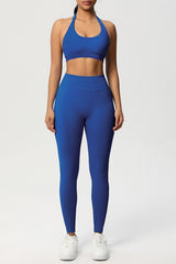 Women Seamless Knit Yoga Set: Halter Back Sports Bra + Sculpting Leggings