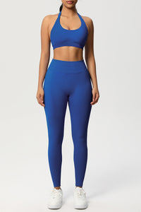 Women Seamless Knit Yoga Set: Halter Back Sports Bra + Sculpting Leggings