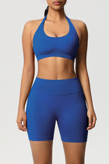 Women Halter Neck Yoga Set: High-Waisted Sculpting Shorts + Backless Sports Bra