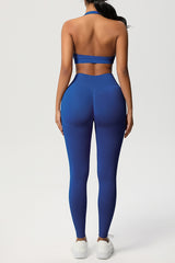 Women Seamless Knit Yoga Set: Halter Back Sports Bra + Sculpting Leggings