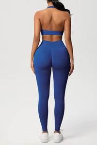 Women Seamless Knit Yoga Set: Halter Back Sports Bra + Sculpting Leggings