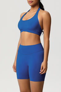 Women Halter Neck Yoga Set: High-Waisted Sculpting Shorts + Backless Sports Bra