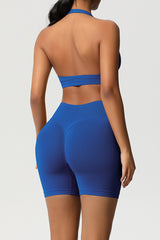 Women Halter Neck Yoga Set: High-Waisted Sculpting Shorts + Backless Sports Bra