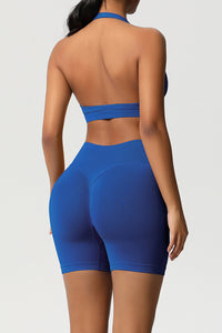 Women Halter Neck Yoga Set: High-Waisted Sculpting Shorts + Backless Sports Bra