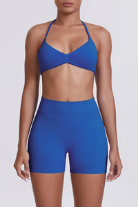 Women Halter Neck Yoga Set: High-Waisted Sculpting Shorts + Backless Sports Bra