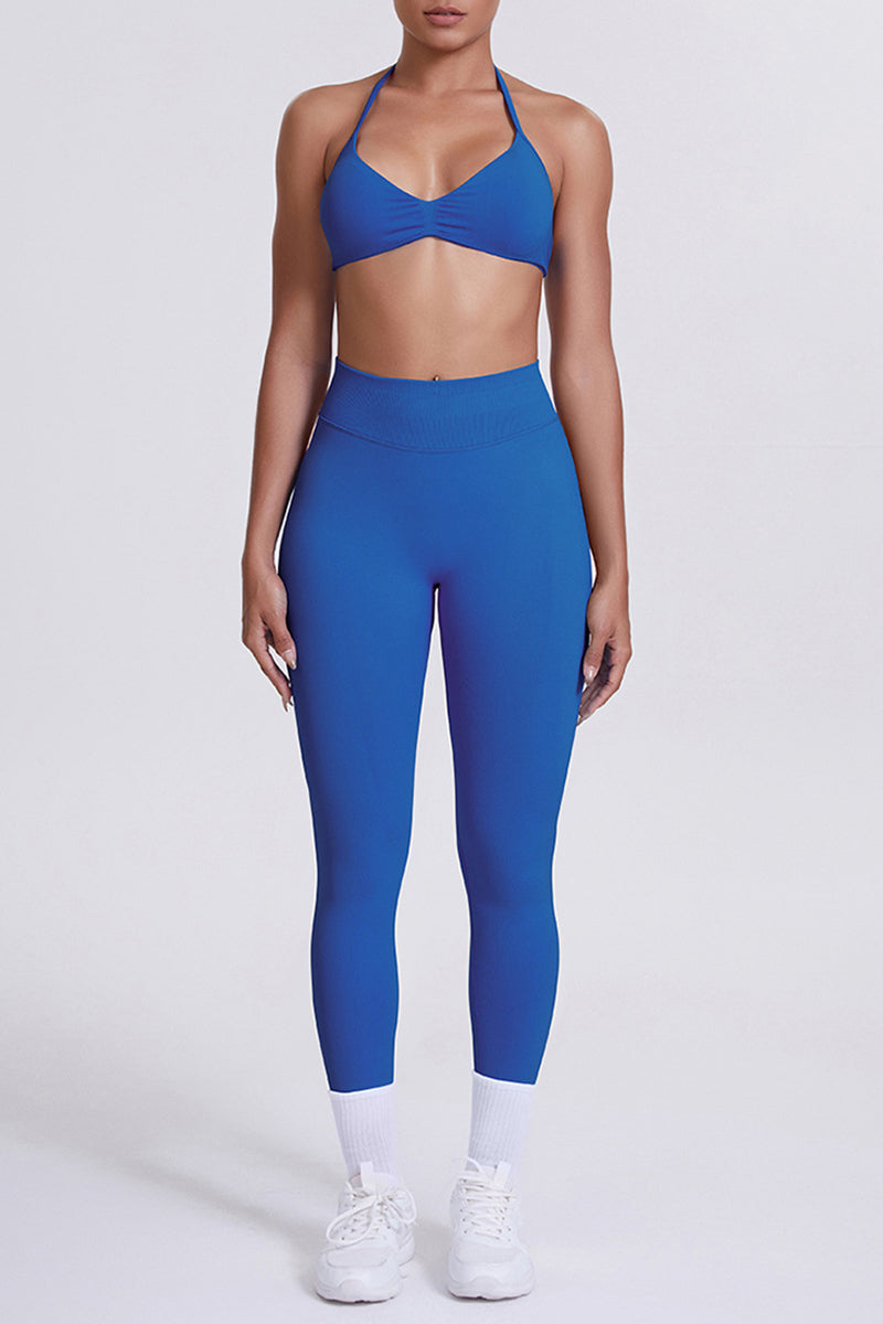 Women Seamless Yoga Set: High-Waisted Sculpting Leggings + Halter Neck Sports Bra