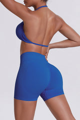 Women Halter Neck Yoga Set: High-Waisted Sculpting Shorts + Backless Sports Bra
