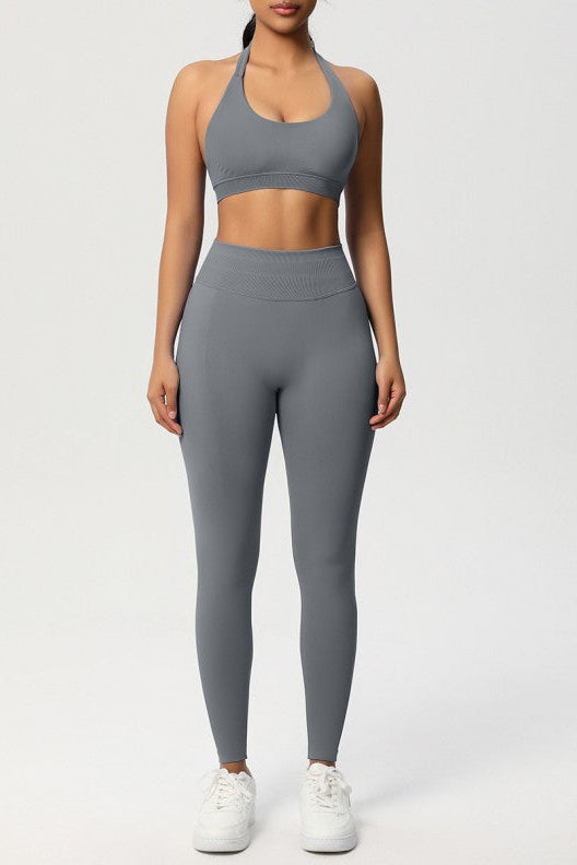 Women Seamless Knit Yoga Set: Halter Back Sports Bra + Sculpting Leggings