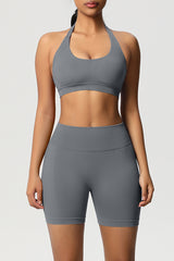 Women Halter Neck Yoga Set: High-Waisted Sculpting Shorts + Backless Sports Bra