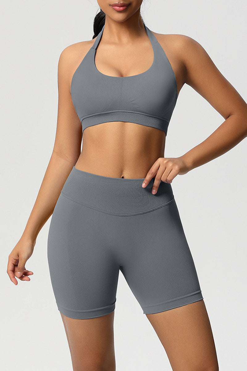 Women Halter Neck Yoga Set: High-Waisted Sculpting Shorts + Backless Sports Bra