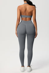 Women Seamless Knit Yoga Set: Halter Back Sports Bra + Sculpting Leggings