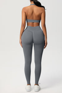Women Seamless Knit Yoga Set: Halter Back Sports Bra + Sculpting Leggings
