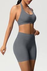 Women Halter Neck Yoga Set: High-Waisted Sculpting Shorts + Backless Sports Bra