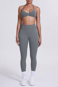 Women Seamless Yoga Set: High-Waisted Sculpting Leggings + Halter Neck Sports Bra