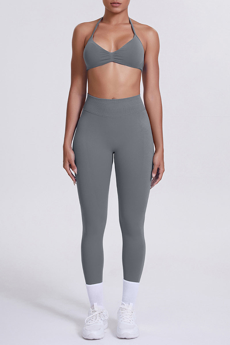 Women Seamless Yoga Set: High-Waisted Sculpting Leggings + Halter Neck Sports Bra