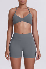 Women Halter Neck Yoga Set: High-Waisted Sculpting Shorts + Backless Sports Bra