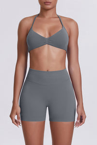 Women Halter Neck Yoga Set: High-Waisted Sculpting Shorts + Backless Sports Bra