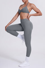 Women Seamless Yoga Set: High-Waisted Sculpting Leggings + Halter Neck Sports Bra