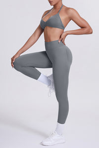 Women Seamless Yoga Set: High-Waisted Sculpting Leggings + Halter Neck Sports Bra