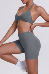Women Halter Neck Yoga Set: High-Waisted Sculpting Shorts + Backless Sports Bra