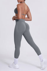 Women Seamless Yoga Set: High-Waisted Sculpting Leggings + Halter Neck Sports Bra