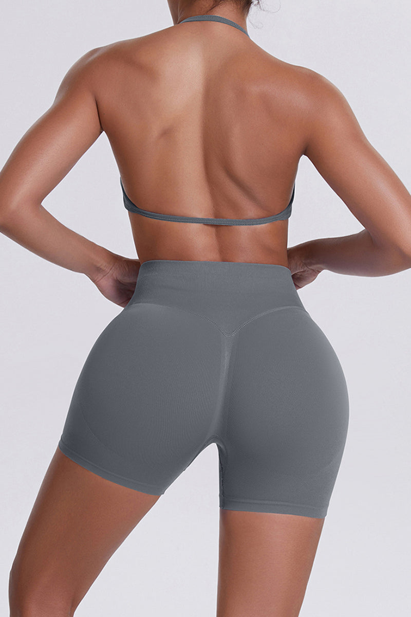 Women Halter Neck Yoga Set: High-Waisted Sculpting Shorts + Backless Sports Bra