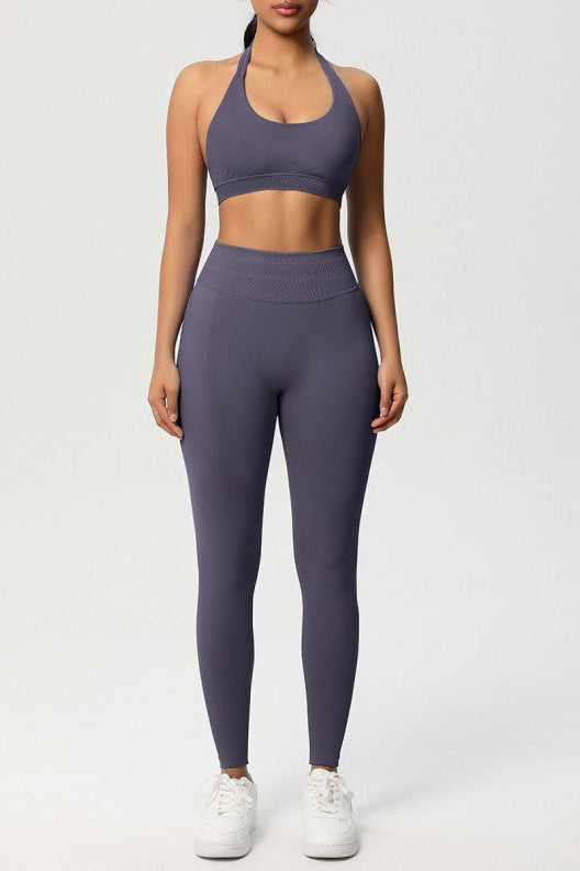 Women Seamless Knit Yoga Set: Halter Back Sports Bra + Sculpting Leggings