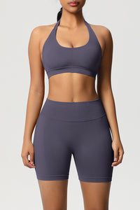 Women Halter Neck Yoga Set: High-Waisted Sculpting Shorts + Backless Sports Bra