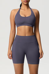 Women Halter Neck Yoga Set: High-Waisted Sculpting Shorts + Backless Sports Bra