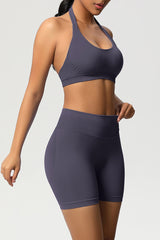 Women Halter Neck Yoga Set: High-Waisted Sculpting Shorts + Backless Sports Bra
