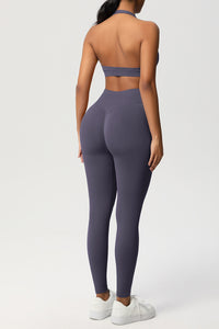 Women Seamless Knit Yoga Set: Halter Back Sports Bra + Sculpting Leggings