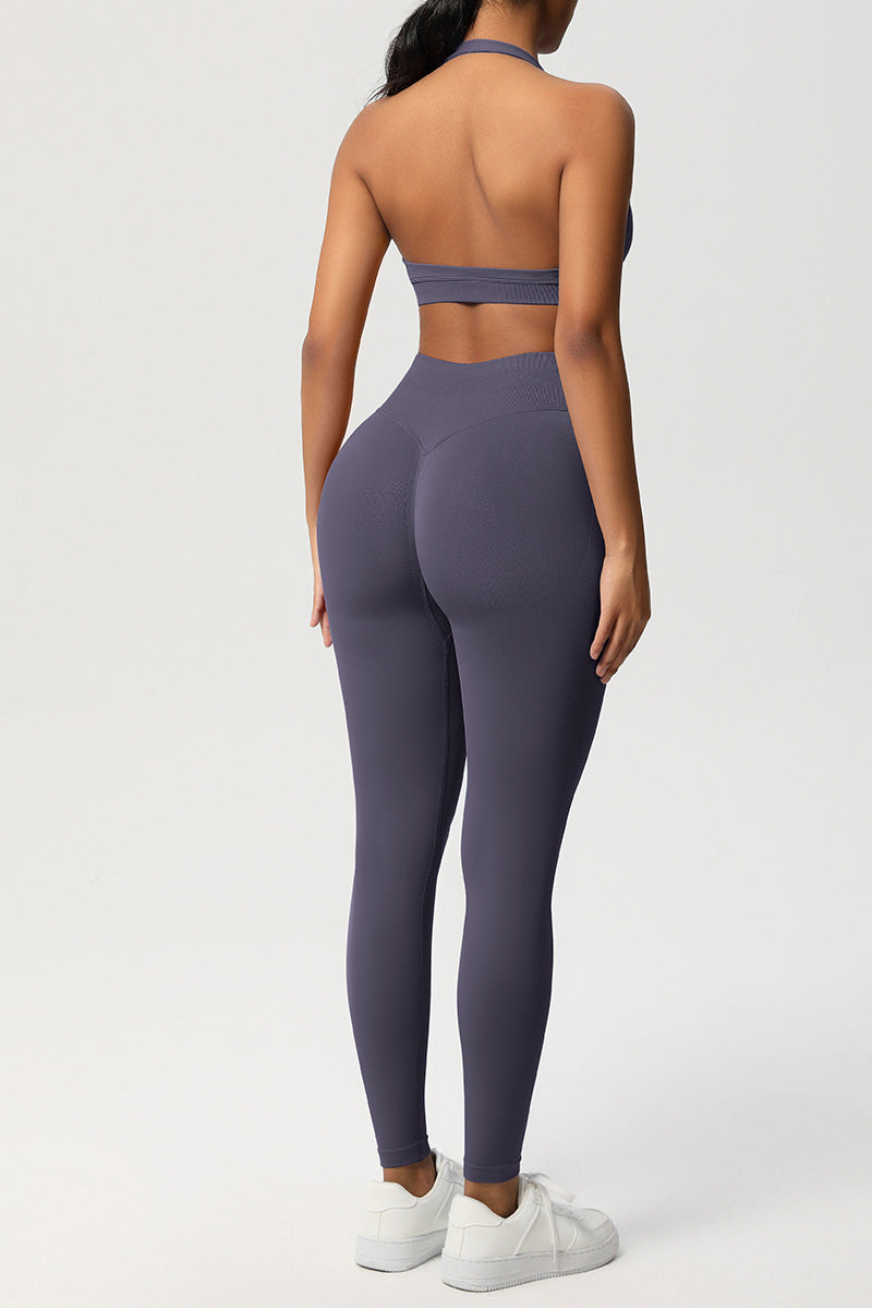 Women Seamless Knit Yoga Set: Halter Back Sports Bra + Sculpting Leggings