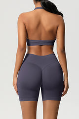 Women Halter Neck Yoga Set: High-Waisted Sculpting Shorts + Backless Sports Bra