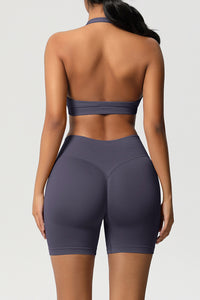Women Halter Neck Yoga Set: High-Waisted Sculpting Shorts + Backless Sports Bra