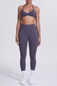 Women Seamless Yoga Set: High-Waisted Sculpting Leggings + Halter Neck Sports Bra
