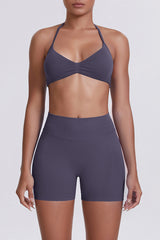 Women Halter Neck Yoga Set: High-Waisted Sculpting Shorts + Backless Sports Bra