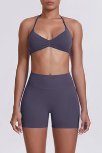 Women Halter Neck Yoga Set: High-Waisted Sculpting Shorts + Backless Sports Bra