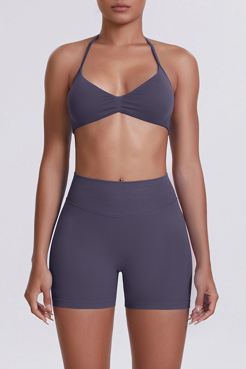 Women Halter Neck Yoga Set: High-Waisted Sculpting Shorts + Backless Sports Bra