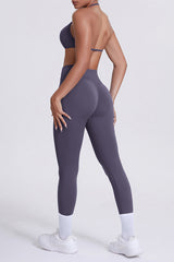 Women Seamless Yoga Set: High-Waisted Sculpting Leggings + Halter Neck Sports Bra