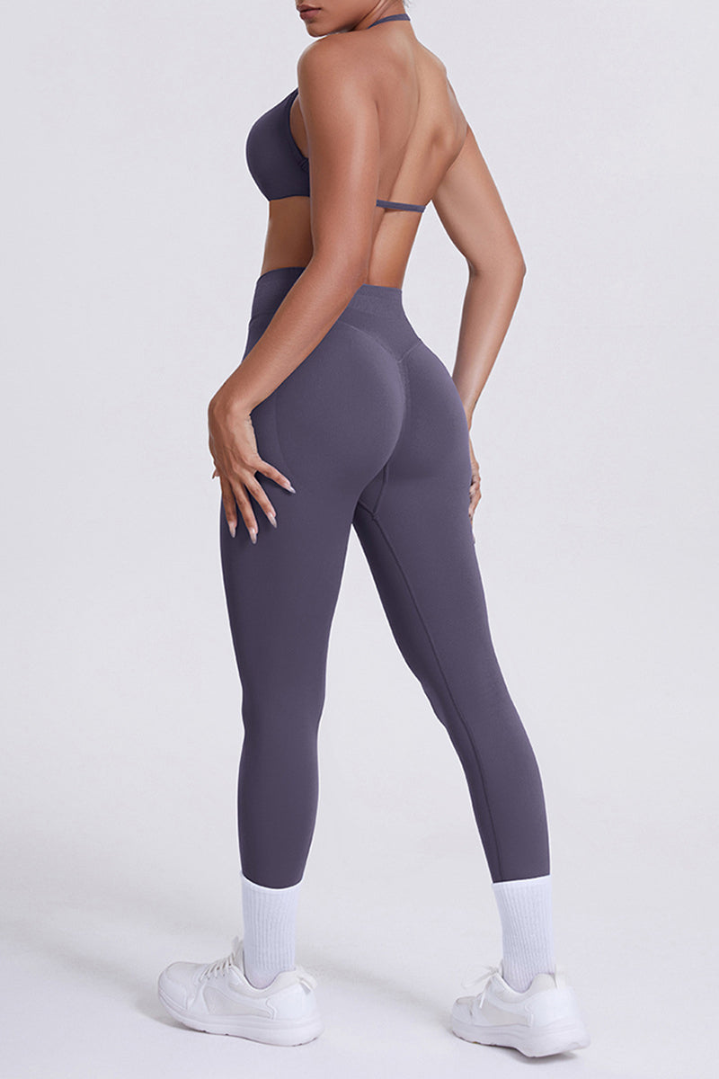 Women Seamless Yoga Set: High-Waisted Sculpting Leggings + Halter Neck Sports Bra