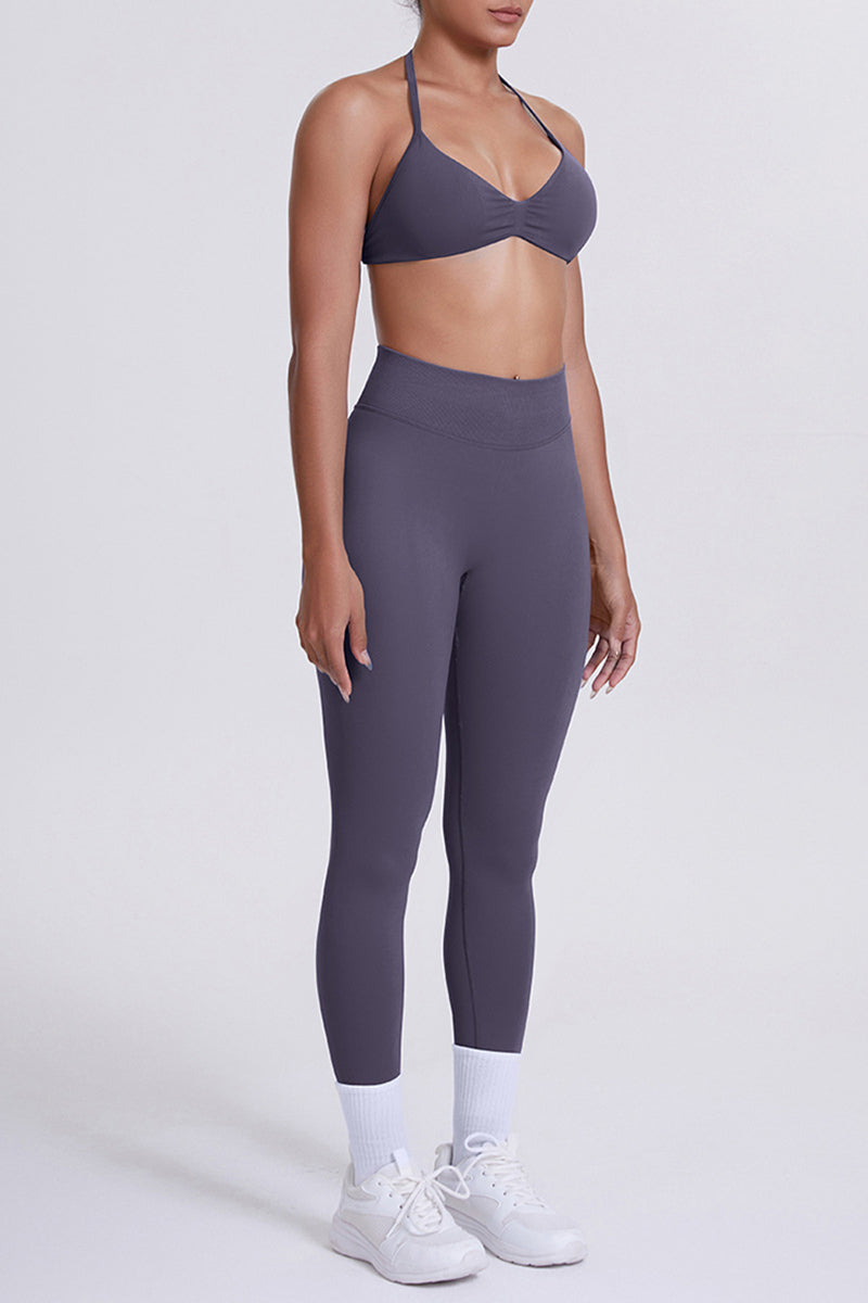 Women Seamless Yoga Set: High-Waisted Sculpting Leggings + Halter Neck Sports Bra