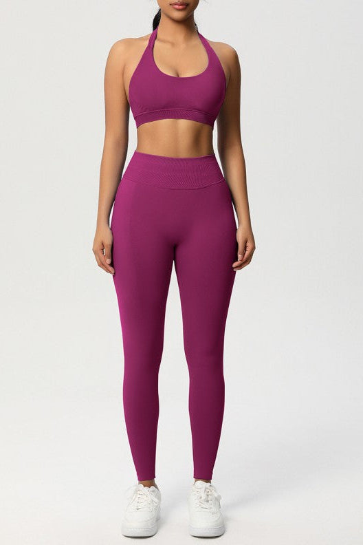 Women Seamless Knit Yoga Set: Halter Back Sports Bra + Sculpting Leggings