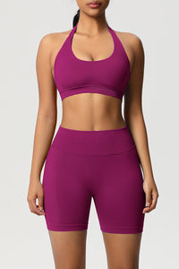 Women Halter Neck Yoga Set: High-Waisted Sculpting Shorts + Backless Sports Bra