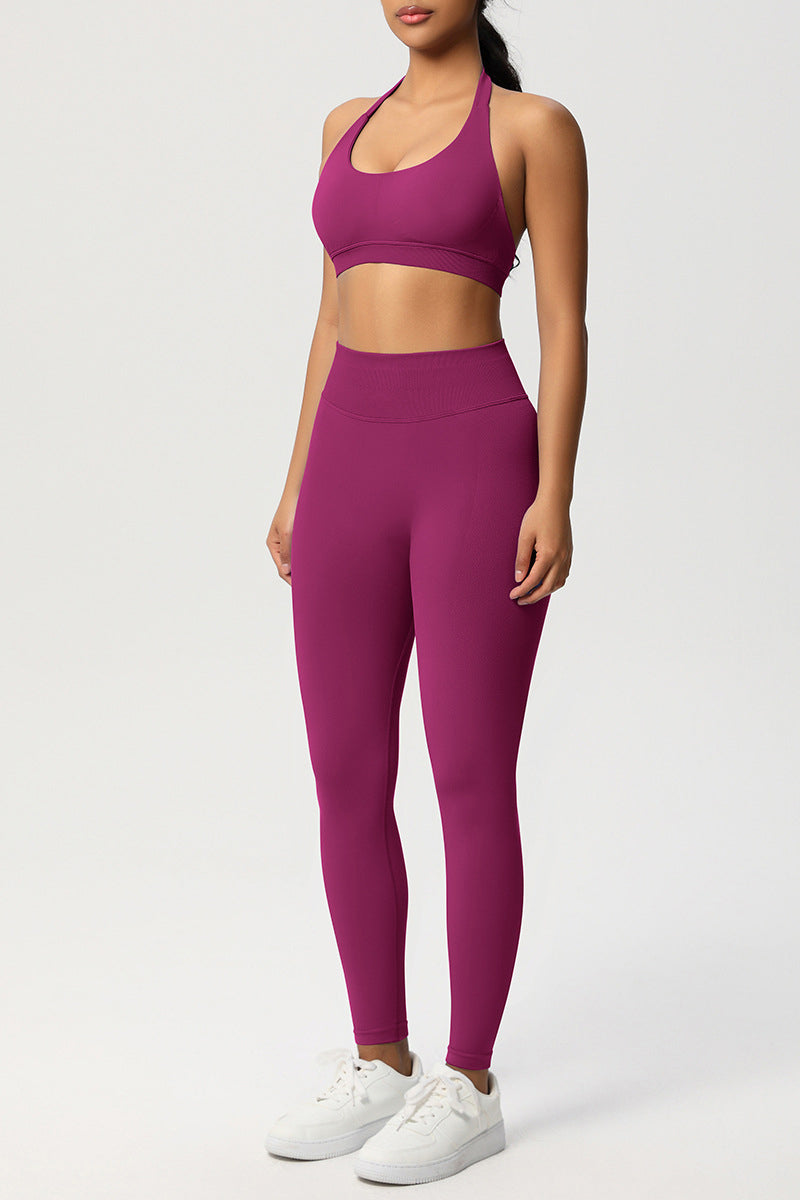 Women Seamless Knit Yoga Set: Halter Back Sports Bra + Sculpting Leggings