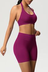 Women Halter Neck Yoga Set: High-Waisted Sculpting Shorts + Backless Sports Bra