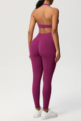 Women Seamless Knit Yoga Set: Halter Back Sports Bra + Sculpting Leggings