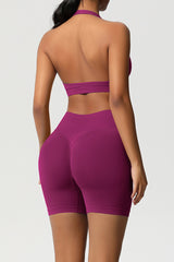 Women Halter Neck Yoga Set: High-Waisted Sculpting Shorts + Backless Sports Bra