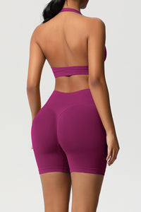 Women Halter Neck Yoga Set: High-Waisted Sculpting Shorts + Backless Sports Bra