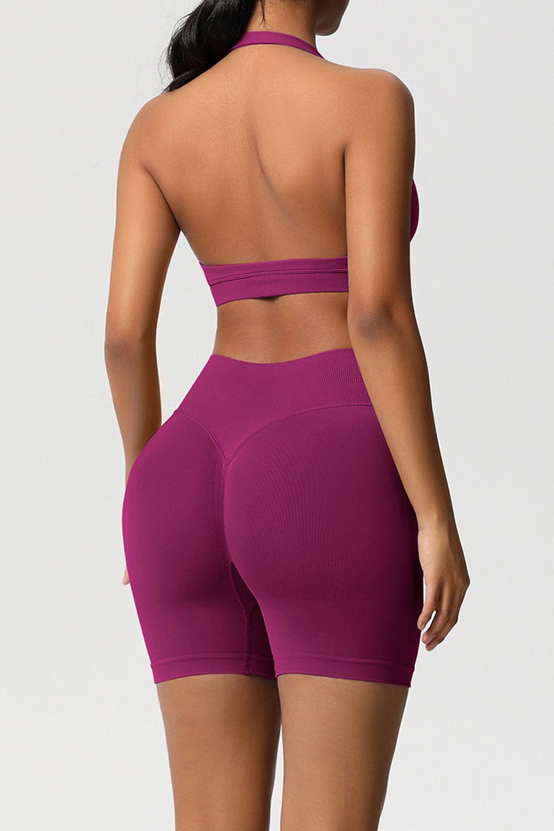 Women Halter Neck Yoga Set: High-Waisted Sculpting Shorts + Backless Sports Bra
