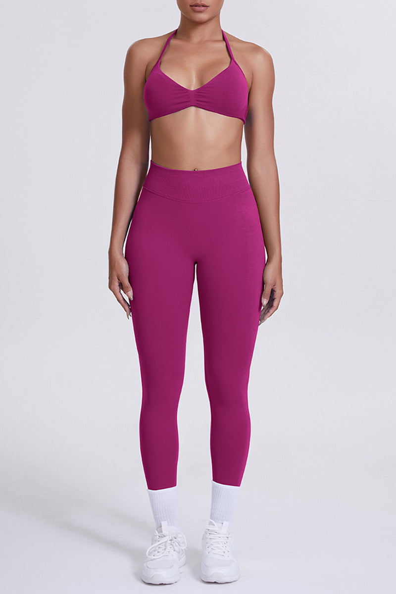 Women Seamless Knit Yoga Set: Halter Back Sports Bra + Sculpting Leggings